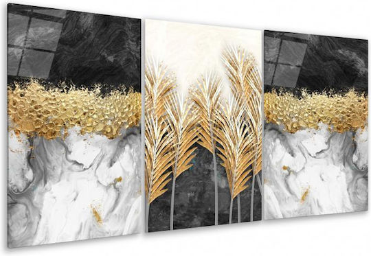 Dreifach Glas Gemälde Set Mit Marmor Hintergrund Und Blumen Grau (60x90cm)