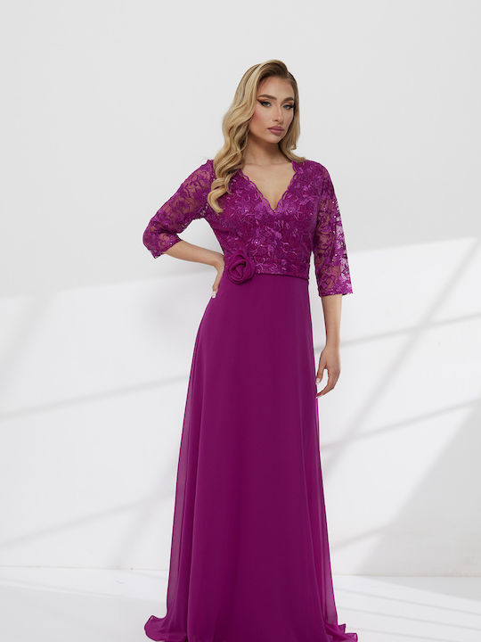 Maxi Evening Dress with Lace Purple
