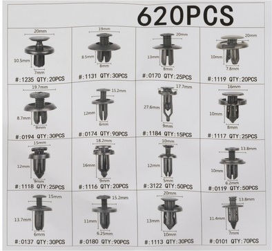 Set 620 Universal Car Clips 5 Extractor Keys 16 Types Pins 18 Different Sizes Plastic Black Storage Box