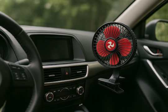 Ventilator Portabil Auto Drumeție Diametru 17,5 Cm 12v Unghi de Înclinare Reglabil Prindere cu Clemă Alimentare la Priză de Țigări Negru Roșu