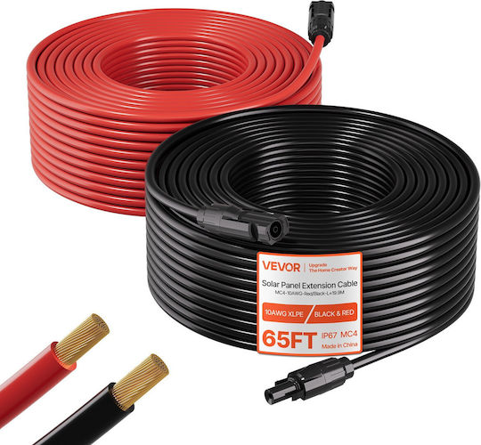 Vevor Photovoltaic Extension Cable 19.81m Black & Red 10 Awg 6 Mm² Ip67 Waterproof Tyndcbyzxsx628evn002y3