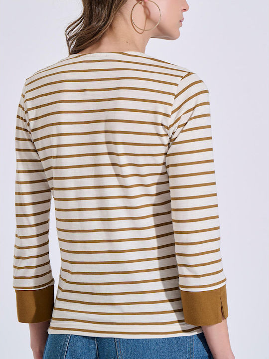 Women's Cotton Blouse with V-Neck Striped Ecru