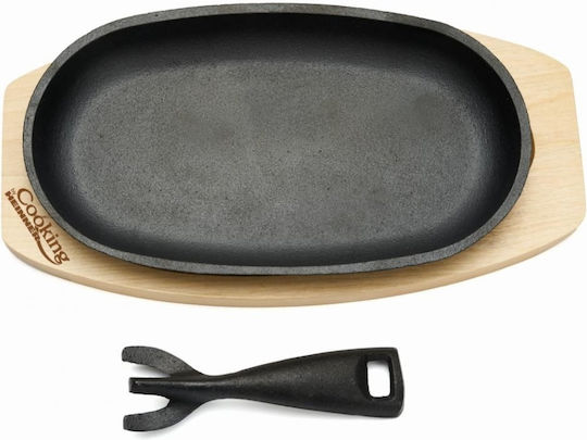 Platou Oval De Servire Din Fontă 24x14 Cm Cu Mâner Detasabil Suport Din Lemn Heinner Dcn65356