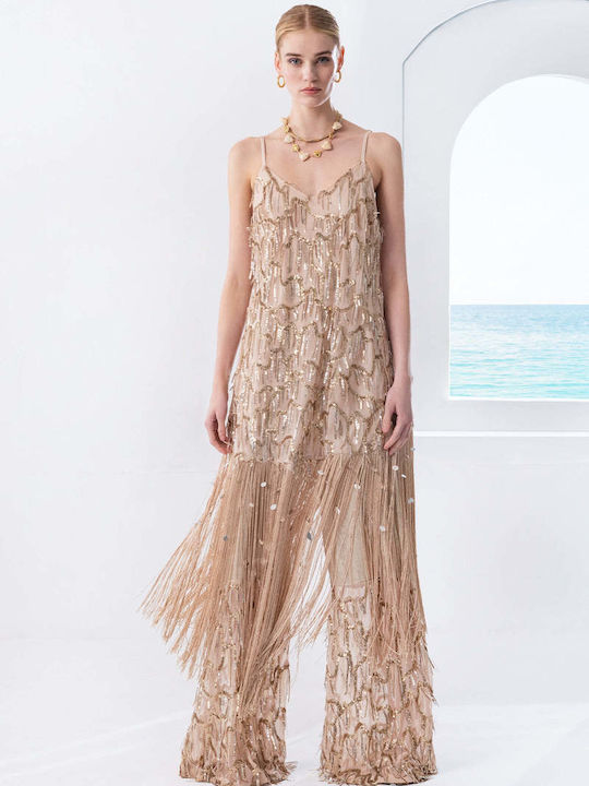 Summer Midi Evening Dress with Tulle Beige