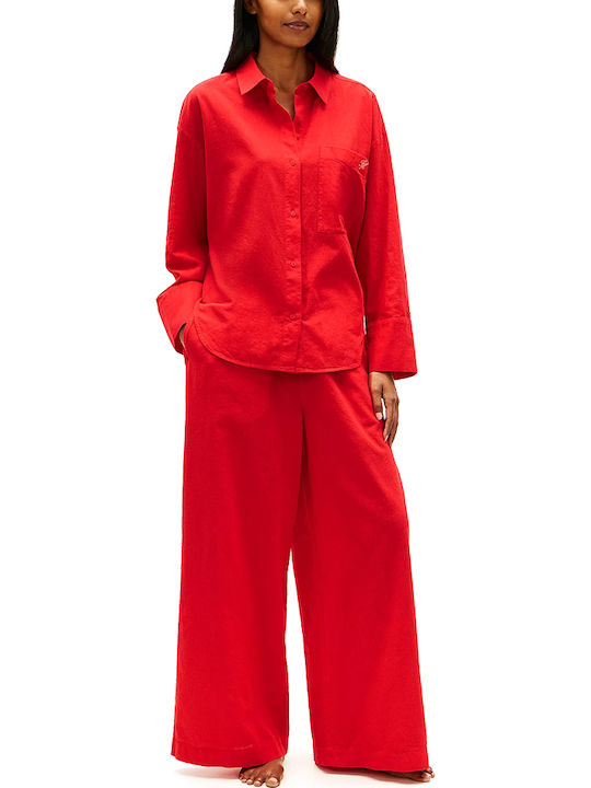 Long Sleeve Women's Linen Shirt Red