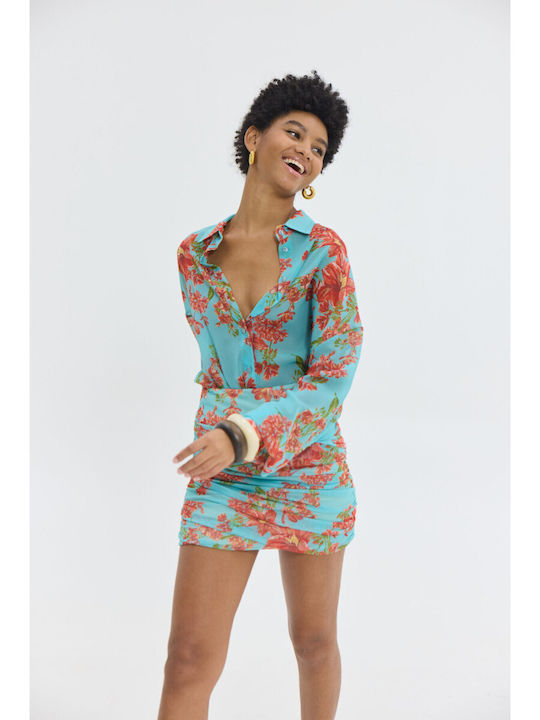 Ψηλόμεση Mini Φούστα Floral Aqua