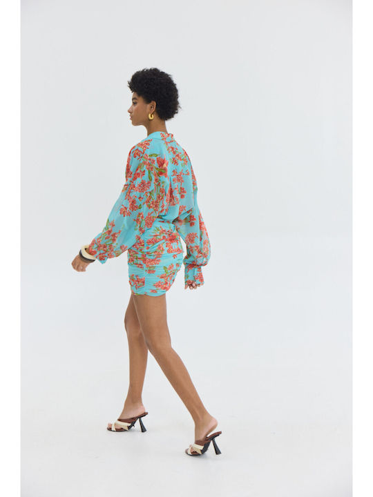 Ψηλόμεση Mini Φούστα Floral Aqua