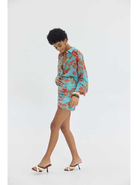 Ψηλόμεση Mini Φούστα Floral Aqua