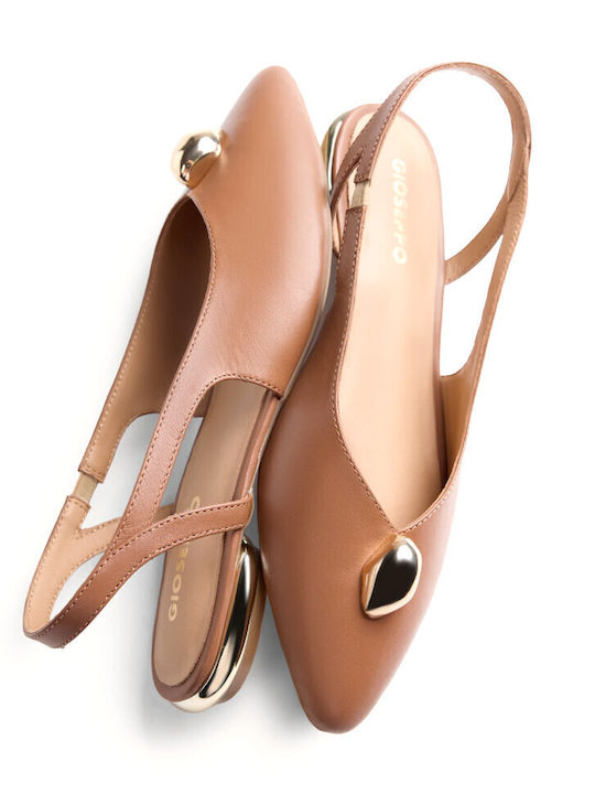 Leather Women's Ballerina Shoes with Strap in Tabac Brown Color