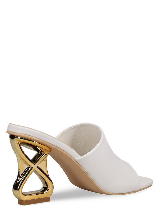 Mules με Χοντρό Τακούνι σε Λευκό Χρώμα