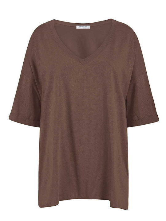 Celestino Women's Blouse Turned Sleeve Loose Fit Brown