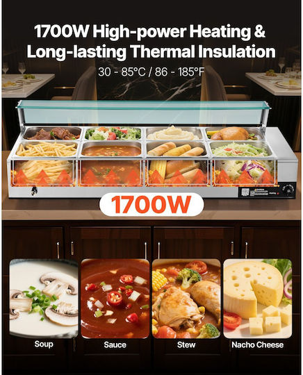 Vevor Commercial Food Warmer Electric Food Warmer Steam Stainless Steel 1700w Glass Cover Tabletop Bain Marie Buffet 8 Pans Soup Ladles & Slotted Catering Restaurant & Party