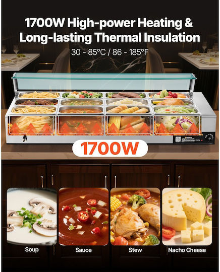 Vevor Commercial Food Warmer Electric Food Warmer Steam 1700w Stainless Steel Glass Cover Tabletop Bain Marie Buffet 12 Containers Soup Ladles & Slotted Catering Restaurant & Party