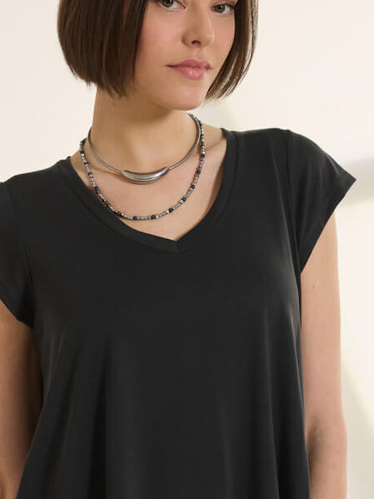 Women's Short Sleeve Blouse with V Neckline Black