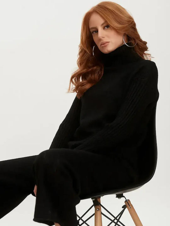 Knitted Set Trousers Blouse Turtleneck Black Size One Size