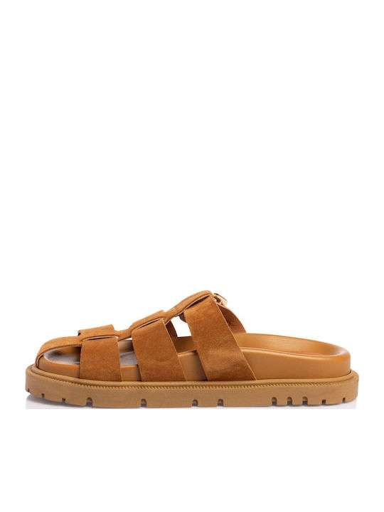 Leather Women's Flat Sandals Tabac Brown