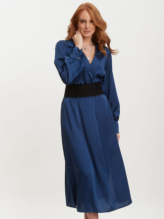 Midi Evening Satin Dress Dark Blue