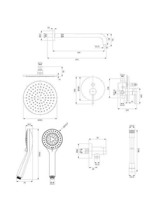 Omnires Built-in Mixer Phone & Shower Head Set for Shower Silver