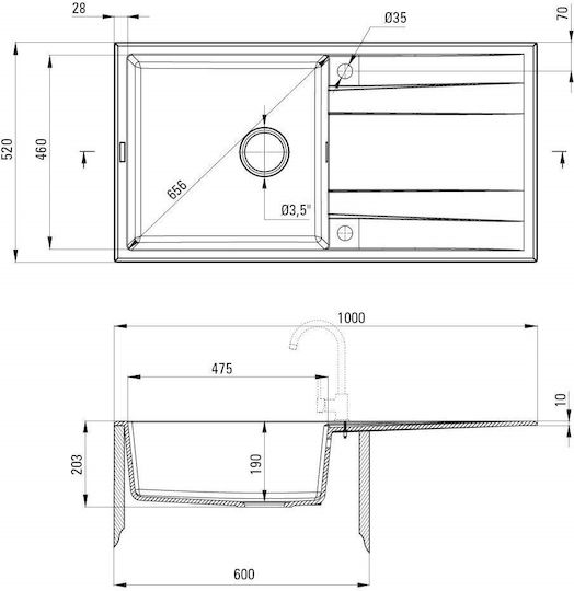 Deante Drop-In Küchenspüle aus Flüssigem Granit M100xP52cm Schwarz
