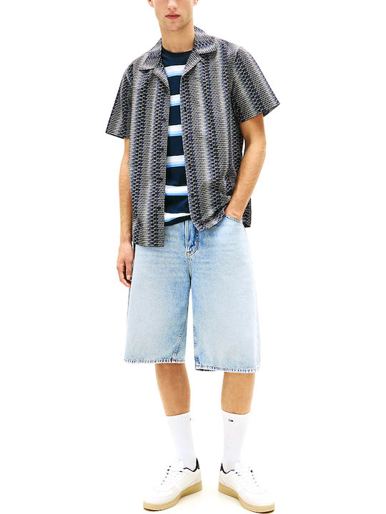 Short Sleeve Denim Shirt in Regular Fit White-Black-Blue