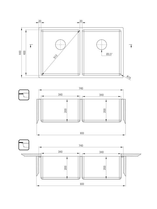 Deante Chiuvetă Sub Masă Inox Periat 44x74cm Gri