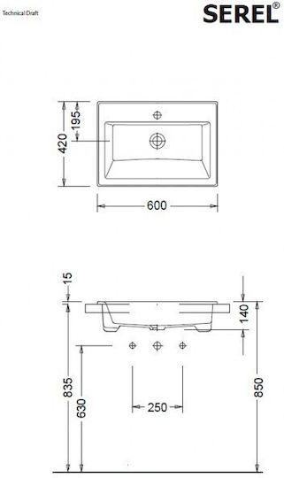 Serel Countertop Sink Porcelain 60x42cm White
