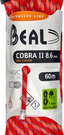 Beal Cobra II BC086C.60 Dynamic Climbing Rope with Length 60m Orange