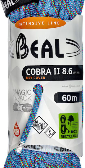 Beal Cobra II Dry Cover BC086C.60.B Dynamic Climbing Rope with Length 60m Blue