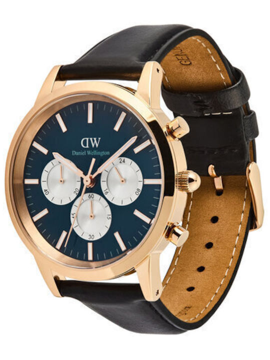Daniel Wellington Iconic Ανδρικό Ρολόι Χρονογράφος Μπαταρίας με Μαύρο Δερμάτινο Λουράκι