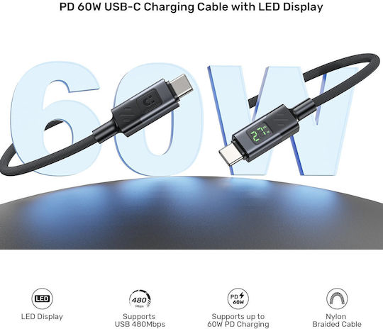 Unitek Braided / LED USB 2.0 Cable USB-C male - USB-C 60W PD 3m