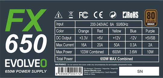 Evolveo 650W Μαύρο Τροφοδοτικό Υπολογιστή Semi Modular 80 Plus Bronze (FX650)