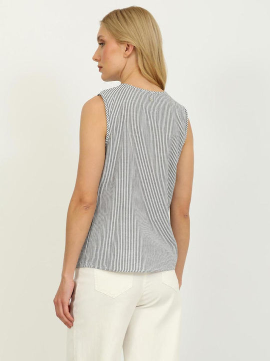Women's Cotton Blouse with V Neckline Striped Black