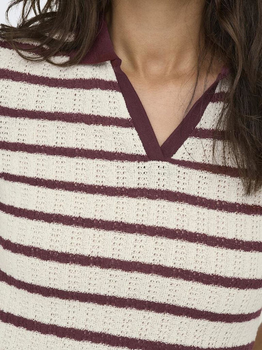 Women's Polo Short Sleeve Striped Burgundy Blouse