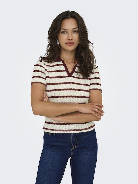 Women's Polo Short Sleeve Striped Burgundy Blouse