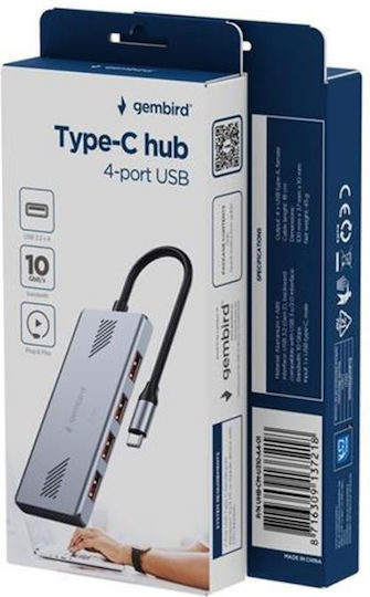 Gembird Hub 4 Porturi USB 3.2 Cu Conectare USB-C / USB-A Argintiu