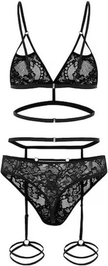 3-piece Sexy Lace Intimate Lingerie Set Including Bra Garter Belt Panties Black