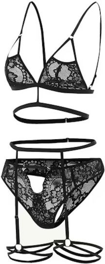 3-piece Sexy Lace Intimate Lingerie Set Including Bra Garter Belt Panties Black
