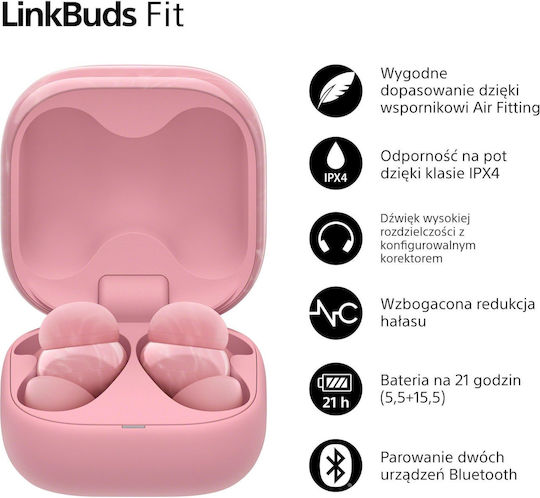 Sony LinkBuds Fit Bluetooth Handsfree Ακουστικά με Αντοχή στον Ιδρώτα και Θήκη Φόρτισης Ροζ