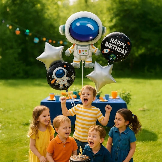 Set 5 Baloane Rotunde Zi De Naștere Astronauți Folie Argintii Jumbo 80 cm
