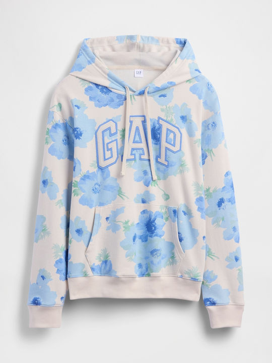Μακρύ Γυναικείο Φούτερ με Κουκούλα White Blue Floral