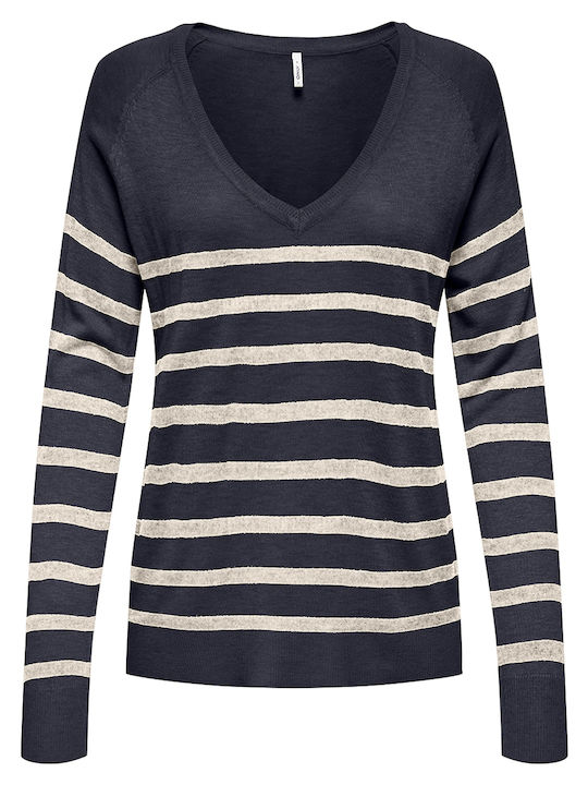 Only Women's Long Sleeve Sweater with V Neckline Striped Navy Blue Only Women's Long Sleeve Sweater with V Neckline Striped Navy Blue