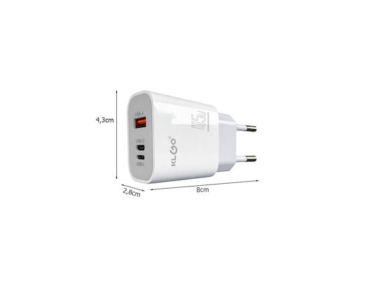 KLGO Charger Without Cable with USB-A Port and 2 USB-C Ports 45W Whites (PD-68)