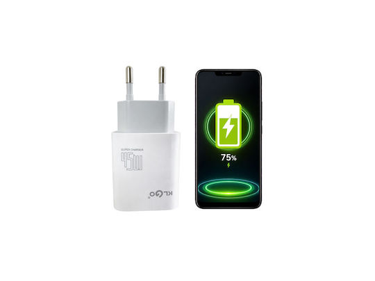 KLGO Charger Without Cable with USB-A Port and 2 USB-C Ports 45W Whites (PD-68)