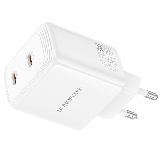 Borofone Charger Without Cable GaN with 2 USB-C Ports 45W Power Delivery / Quick Charge 3.0 Whites (BN31)