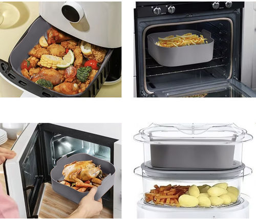 Formă Universală din Silicon pentru Air Fryer Antiaderentă cu 2 Mânere Rezistentă la Temperatură Înaltă 20 X 20 X 6 Cm Gri