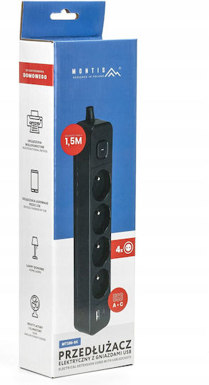 Montis Steckdosenleiste 4 Steckdosen mit USB-A und Kabel 1,5 m