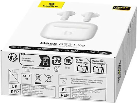 Baseus Bass BS2 Lite In Ear Безжични Слушалки с Устойчивост на Изпотяване и Калъф за Зареждане Бели