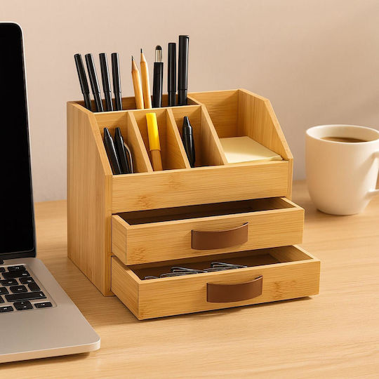 Office Organizer Relaxdays Bamboo 2 X Drawers & Mobile Phone Holder 19 X 24 X 14 Cm Natural 10051362_469
