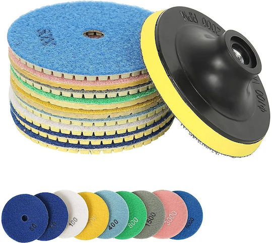 Set 7 Discuri Diamantate De Șlefuire Și Lustruire Mănuși Zola Granulații 50-3000 Diametru 100 Mm 12000 Rpm Adaptor Velcro Adaptor M12