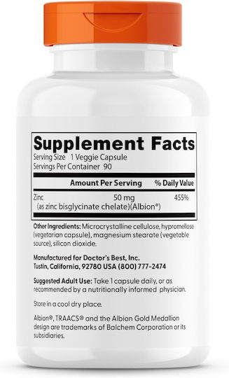 Doctor's Best High Absorption Zinc Bisglycinate 50mg 90 κάψουλες